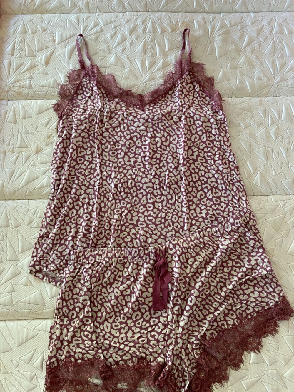 Seeing Stars Lace-Trim Cami & Short Pajama Set in Burgundy Leopard